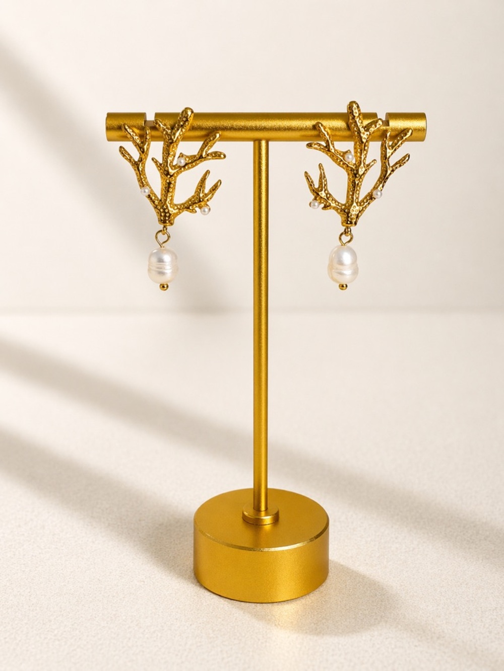 Gold Coral Branch Pearl Drop Earrings